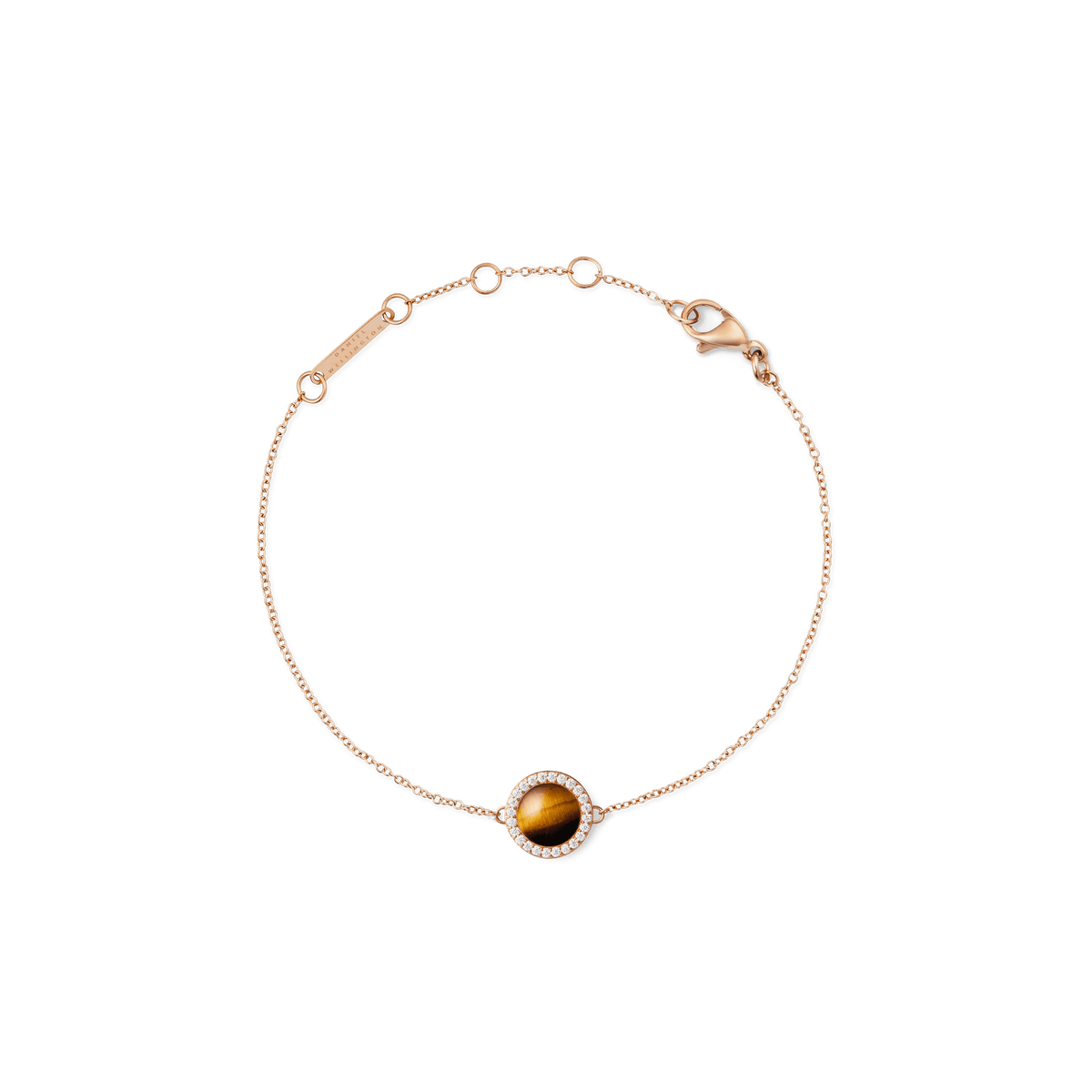 Rose gold bracelet with a delicate chain, featuring a central tiger eye stone framed by a circle of white cubic zirconia and an adjustable clasp for a comfortable fit.