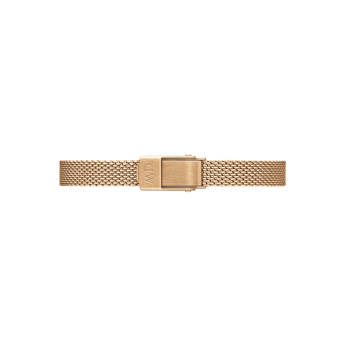 The Quadro Mini Melrose Amber features a rose gold mesh strap with a secure clasp, designed for a comfortable and adjustable fit on petite wrists.