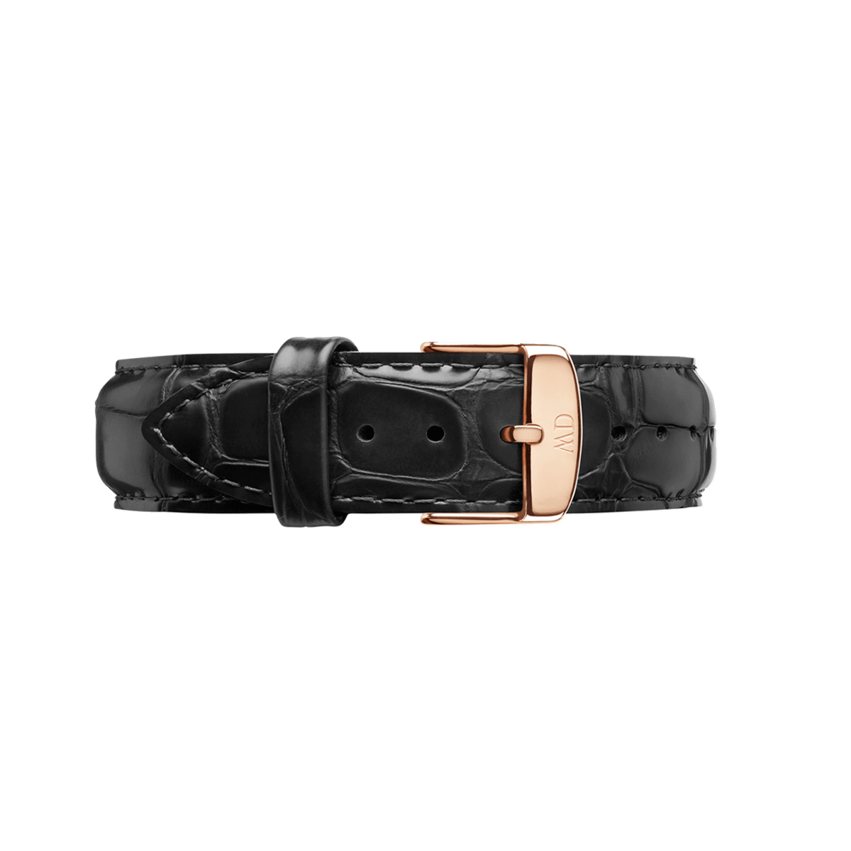 Black croc embossed leather Reading Strap Rose Gold with a polished rose gold buckle, detailed stitching, and a classic design for a sophisticated watch upgrade.