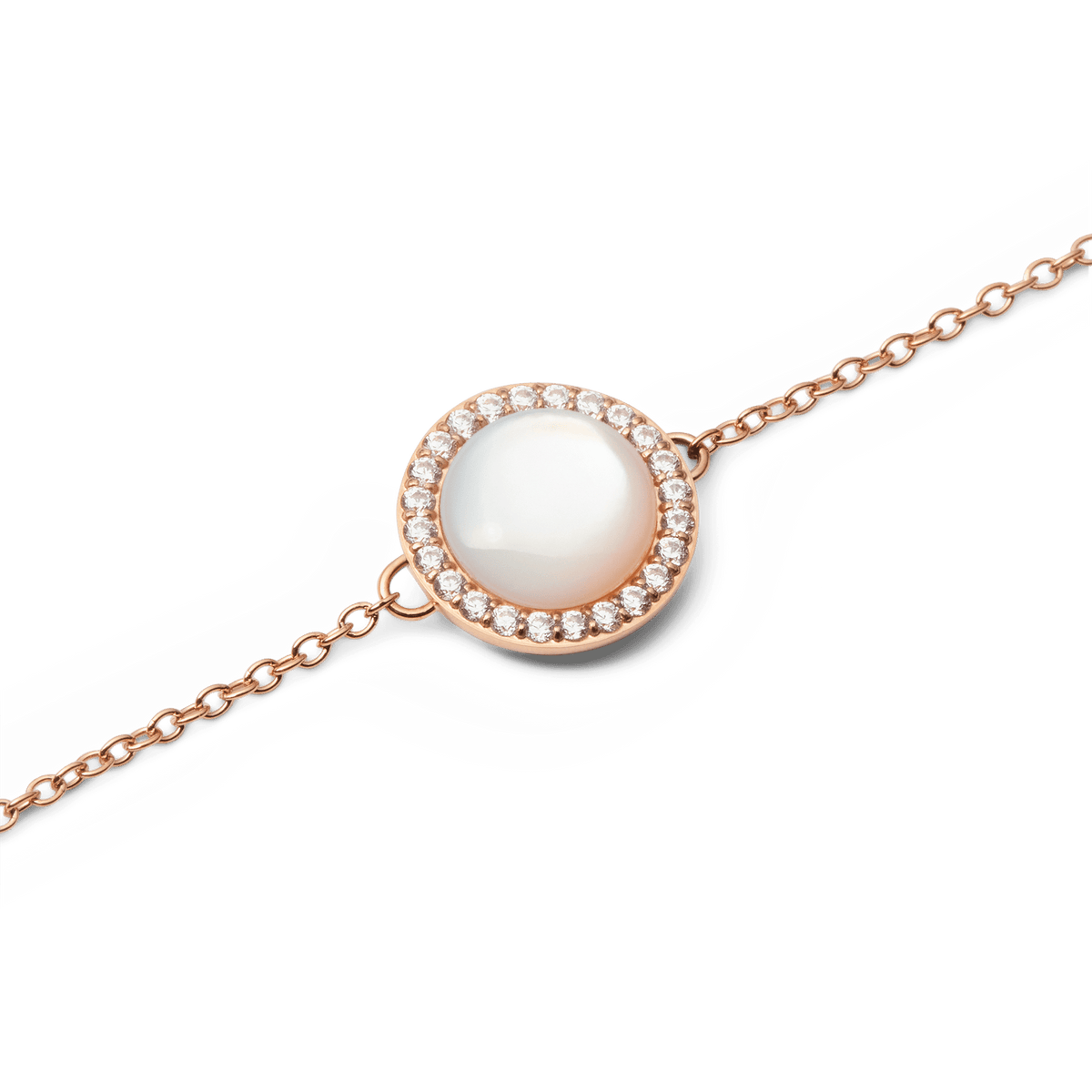 Close-up of the Audrey Bracelet Mother of Pearl Rose Gold, highlighting the domed mother of pearl charm encircled by a halo of white cubic zirconia crystals on a delicate rose gold chain.
