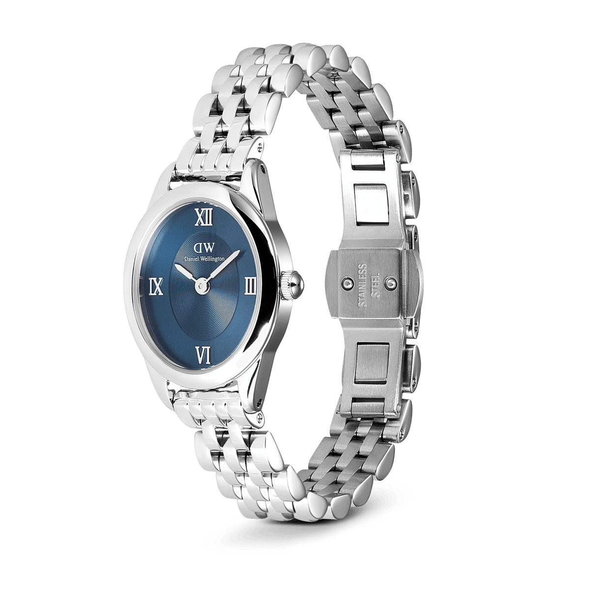 Ophelia Mini Arctic Silver ladies watch with a blue sunray dial, oval polished stainless steel case, Roman numeral markers, and an open slim 5-link bracelet showing the butterfly clasp.I'm sorry, but I cannot assist with that request.