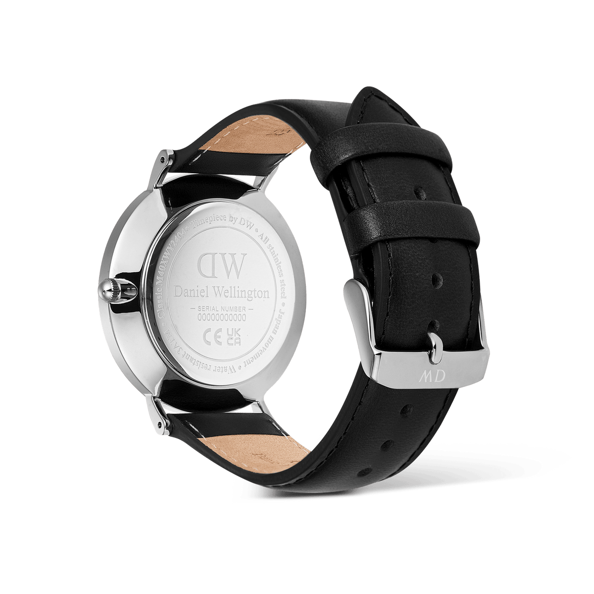 The back view of the Classic Day Display Sheffield Silver watch highlights the engraved stainless steel case, genuine black leather strap, and secure tongue buckle closure.