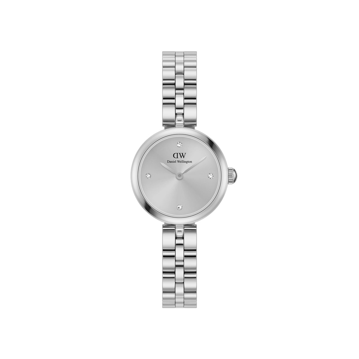 Elan Lumine Unitone Silver ladies watch with a round minimalist silver dial, crystal hour markers, and a polished stainless steel link bracelet, designed for everyday elegance and versatility.
