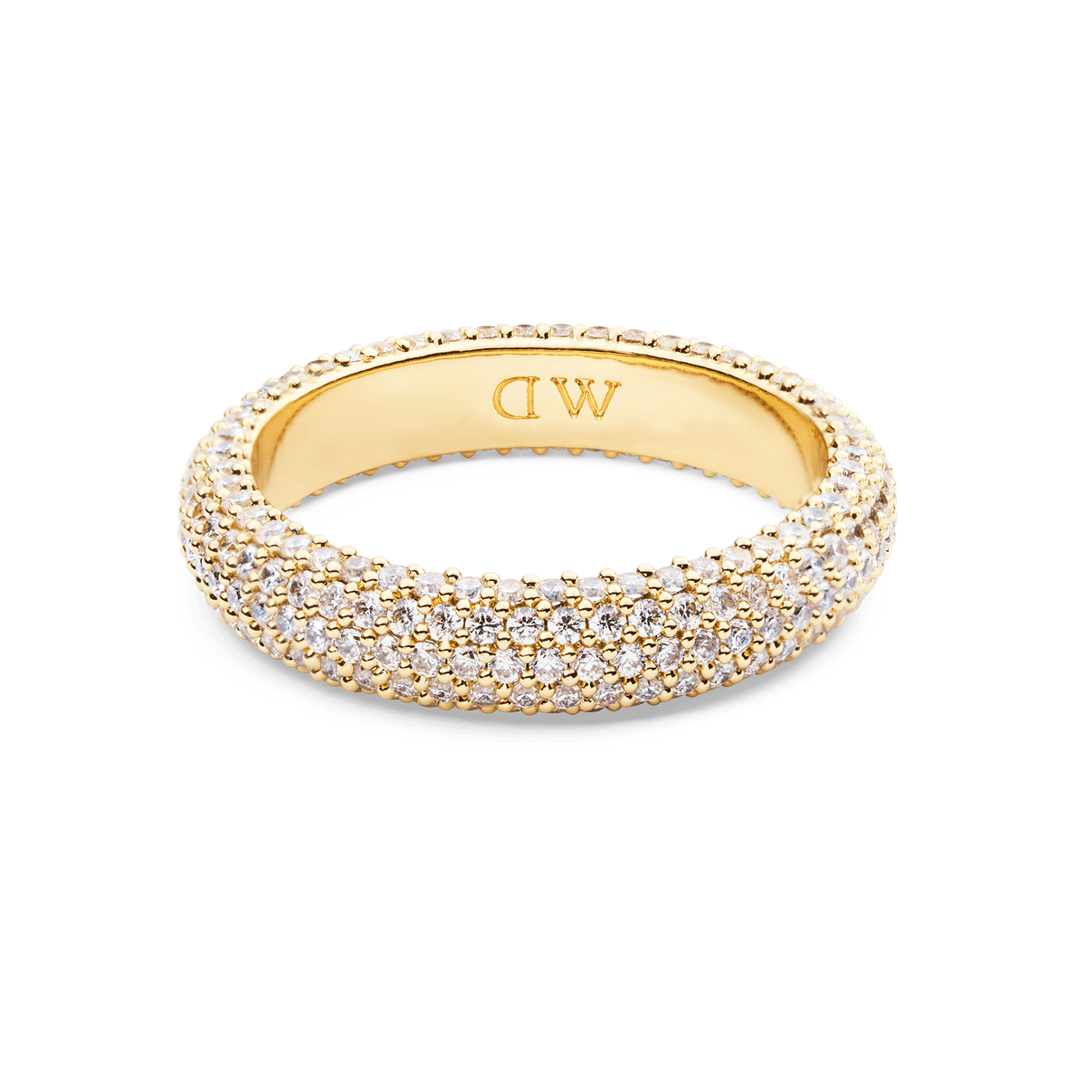 Pavé Ring Gold 5 mm featuring a classic gold-plated band with rows of white cubic zirconia crystals in a pavé setting, offering a bold and elegant look for women’s jewellery collections.