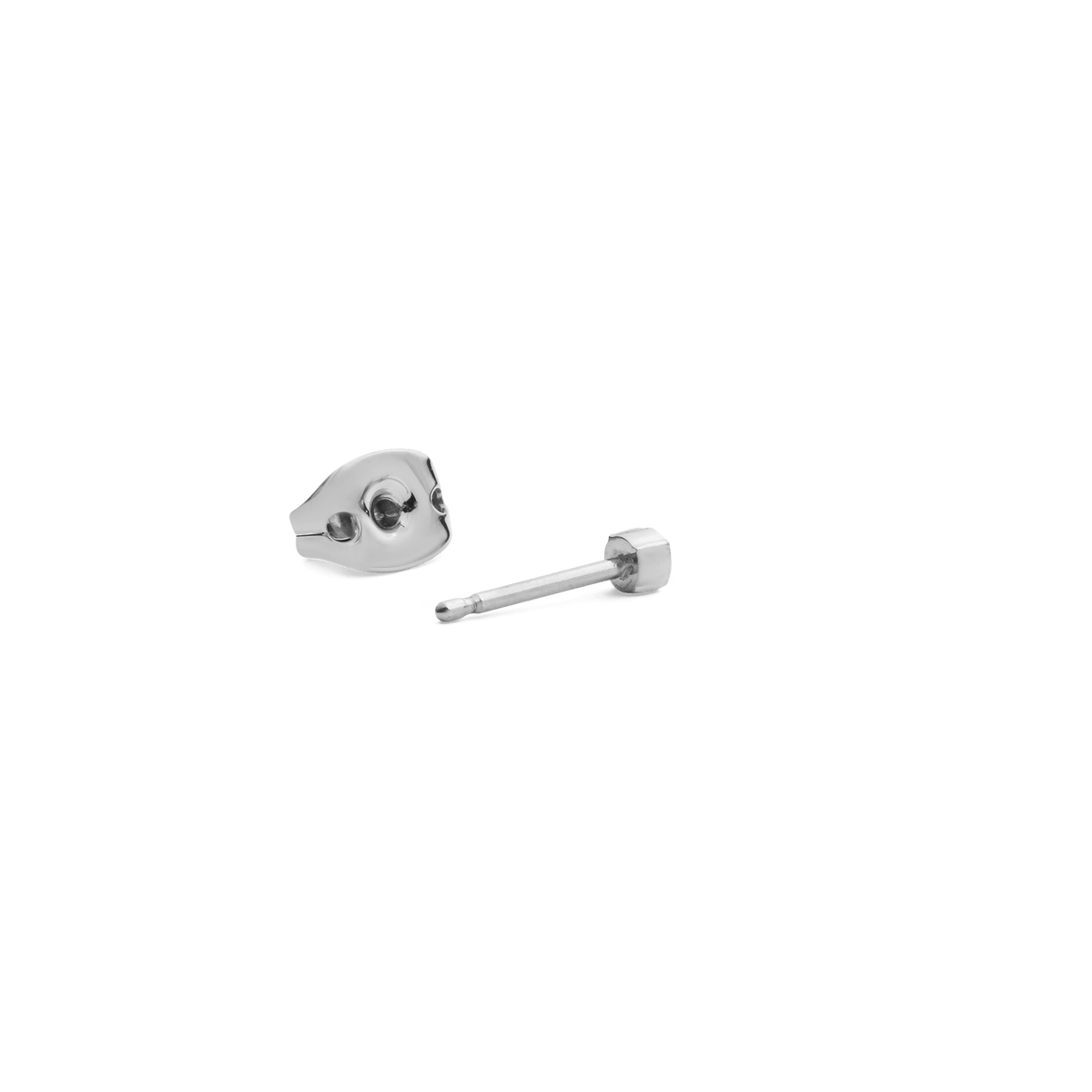 Crystal Stud Silver earring shown from the back and side, highlighting the stainless steel post and secure butterfly clasp for comfortable, everyday wear.