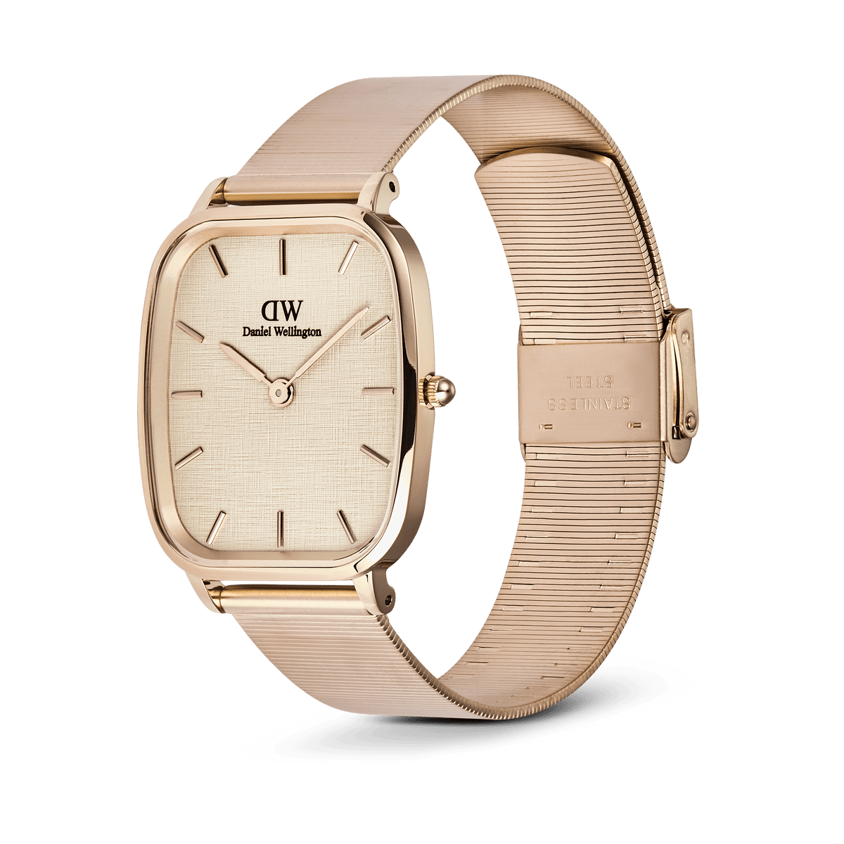 Marlon Wire Linen Rose Gold watch with a rectangular rose gold case, linen-textured dial in soft yellow, minimalist hour markers, and an adjustable slim mesh bracelet with a secure clasp.
