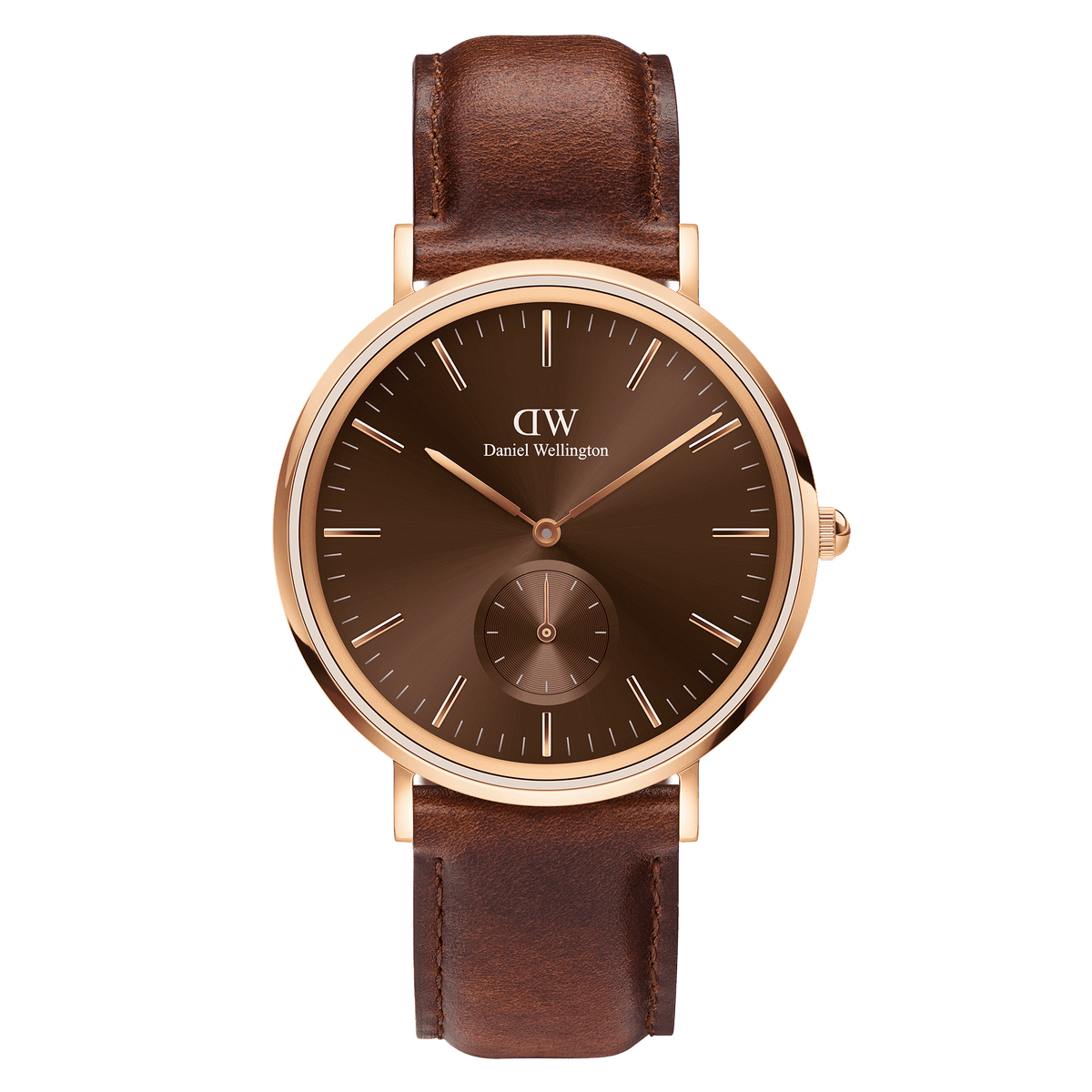 Classic Multi-Eye St Mawes Amber Rose Gold men's watch with a round rose gold case, brown amber dial, minimalist markers, and a genuine brown leather strap. The chronograph subdial and refined detailing highlight its versatile, elegant style suitable for everyday wear.