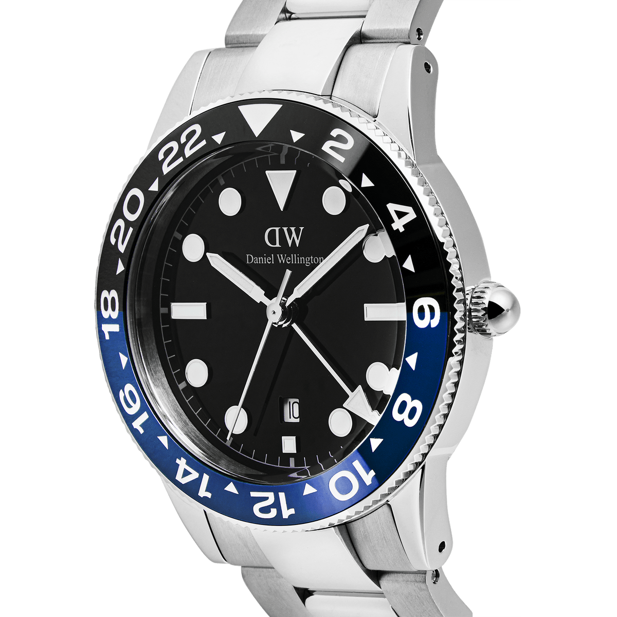 Close-up of the Daniel Wellington Iconic GMT Link Black Blue Ceramic Bezel Silver watch, featuring a black dial, bold blue and black ceramic bezel, and a polished silver stainless steel bracelet.