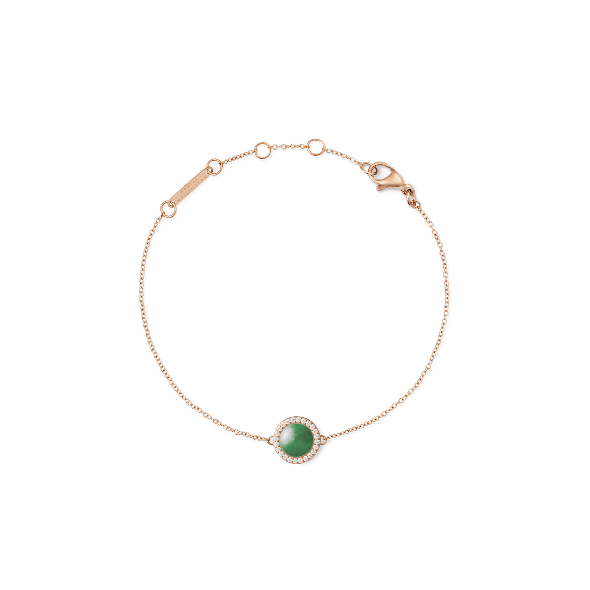 Delicate rose gold bracelet with an adjustable fine chain, featuring a round green jade centrepiece surrounded by a halo of white cubic zirconia crystals.