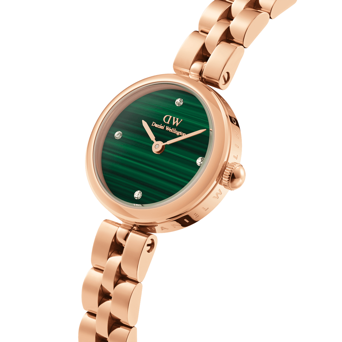 Elan Lumine Malachite Rose Gold ladies watch with a rose gold three-link bracelet, featuring a green malachite dial and crystal markers, shown in a detailed angled view.