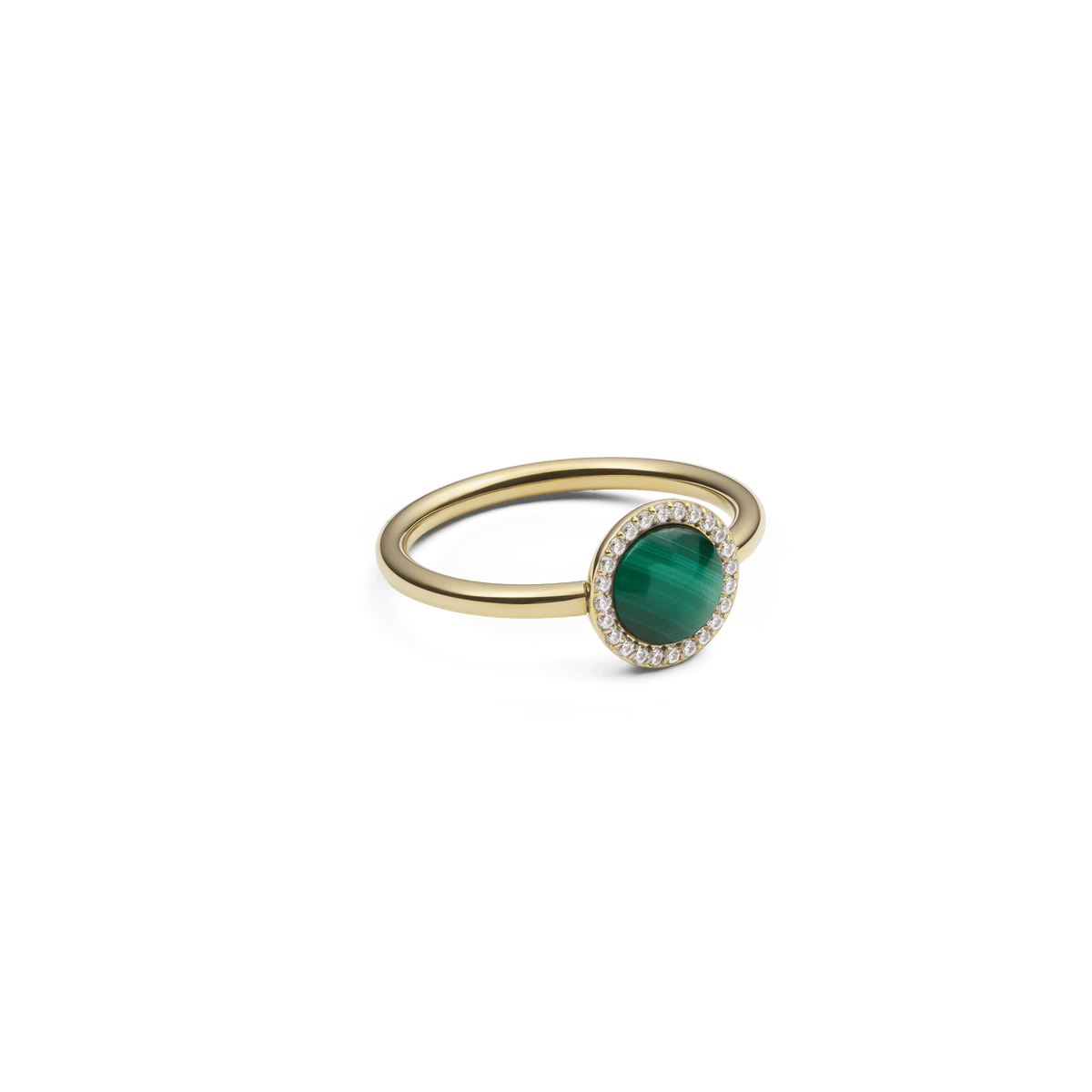 Audrey Ring Malachite Gold with a round green malachite centrepiece, surrounded by white cubic zirconia and set on a slim gold-plated band, shown at an angle to highlight its elegant halo design.