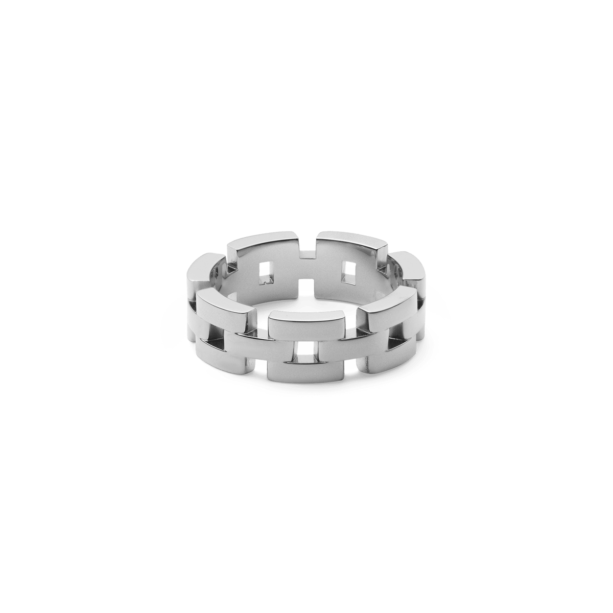 Silver ring with a geometric open-link design and polished finish, crafted from stainless steel for a modern, minimalist look.