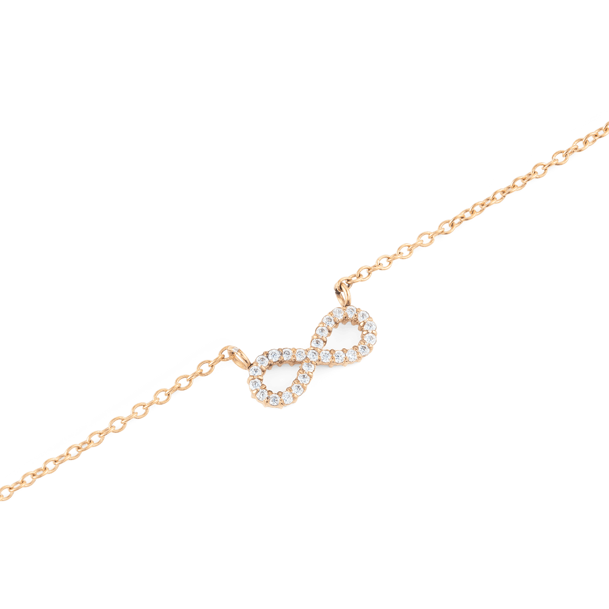 Close-up of the Mirelle Infinity Necklace Rose Gold, showing a fine rose gold chain with a sparkling infinity pendant set with white cubic zirconia for a refined, minimalist look.