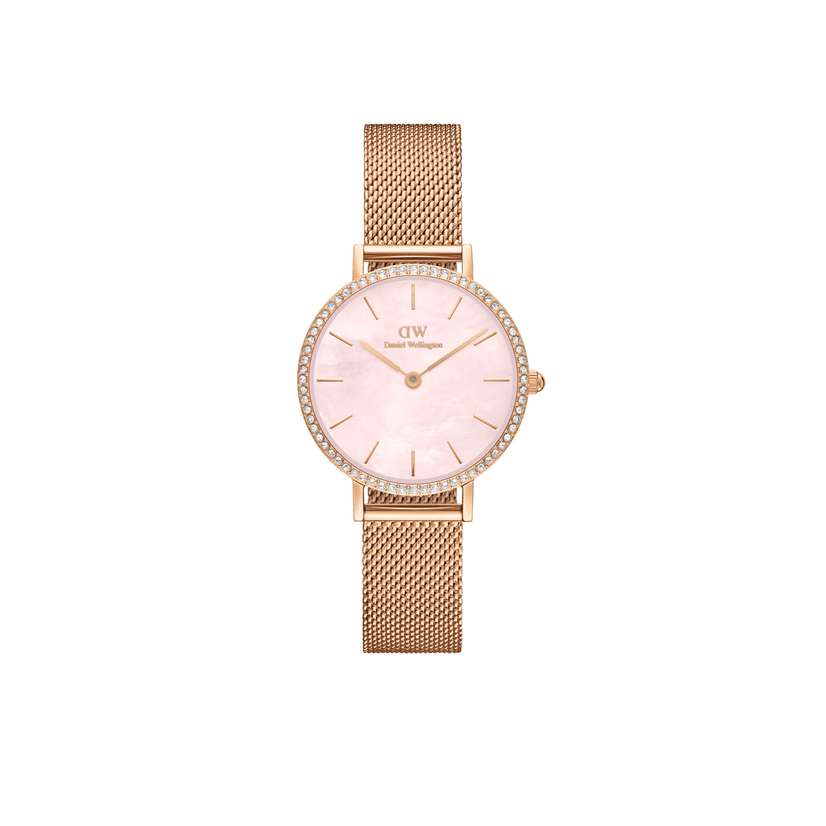 Rose gold ladies watch with a mesh strap, crystal-set bezel, and a pink mother of pearl dial, featuring minimalist hour markers and a slim profile.