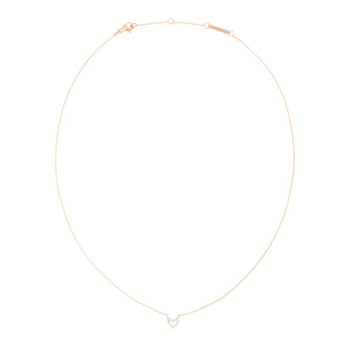 Delicate rose gold necklace featuring a fine adjustable chain and an open heart pendant with sparkling cubic zirconia accents, designed for a subtle and elegant look.