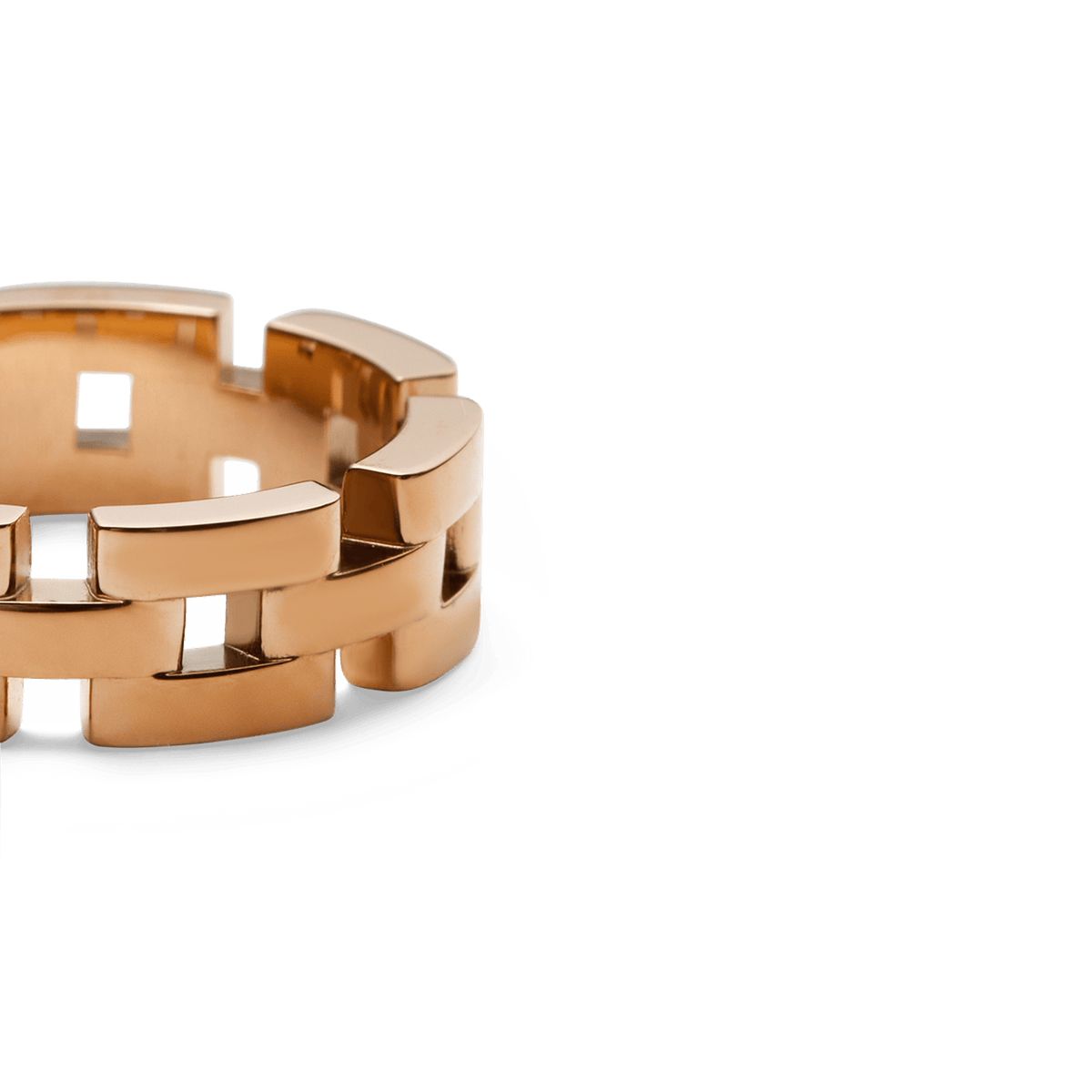 Close-up of the 3-Link Ring Rose Gold, highlighting its geometric chain link design, polished rose gold finish, and smooth, durable stainless steel construction.
