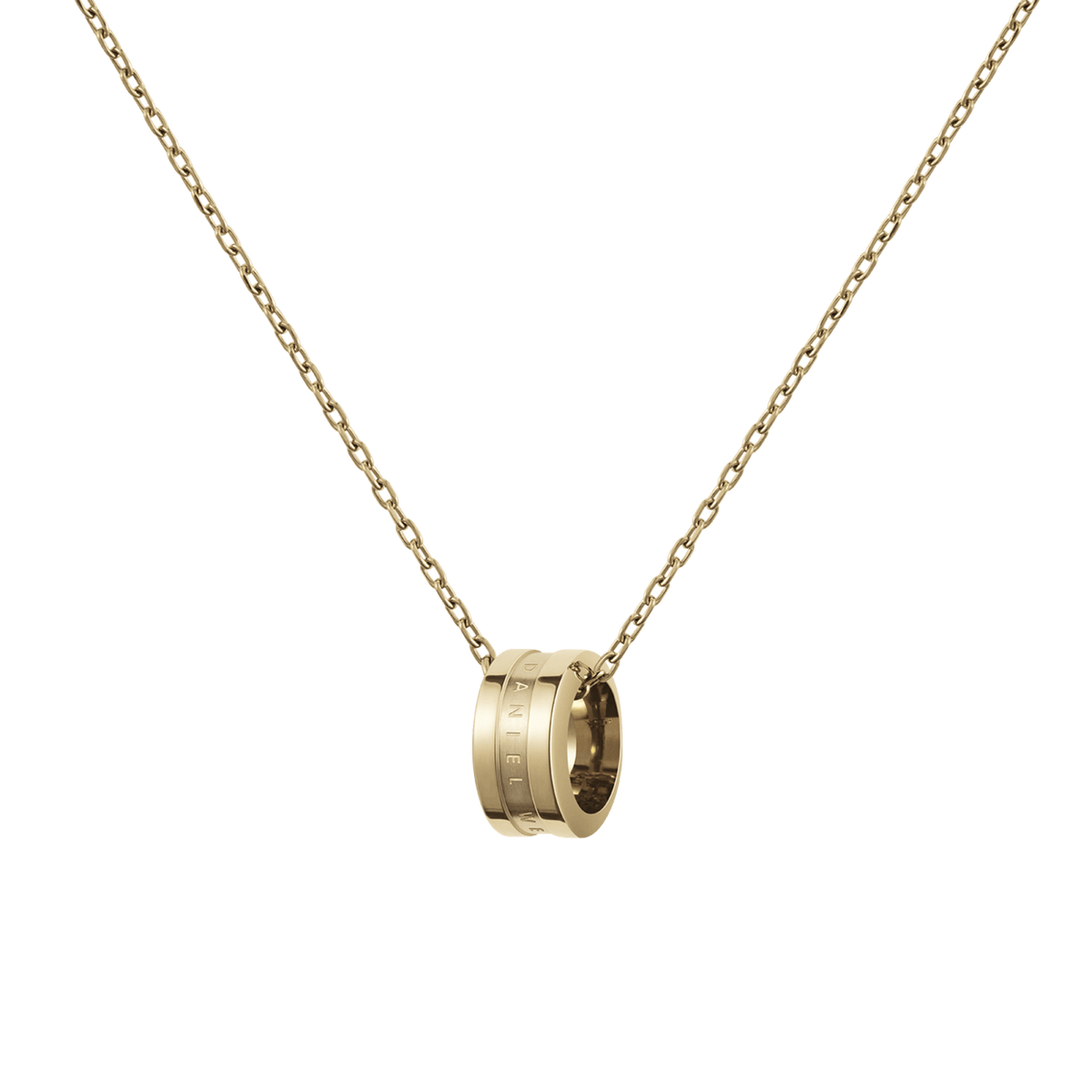 Polished Elan Necklace Gold with a minimalist ring pendant engraved with the Daniel Wellington logo, shown on a fine adjustable gold chain.