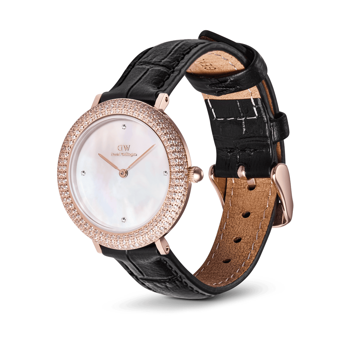 Crystalline Bezel Black Croc Rose Gold ladies watch featuring a rose gold case with a crystal-set bezel, white mother of pearl dial, and a black croc-embossed leather strap with adjustable buckle.