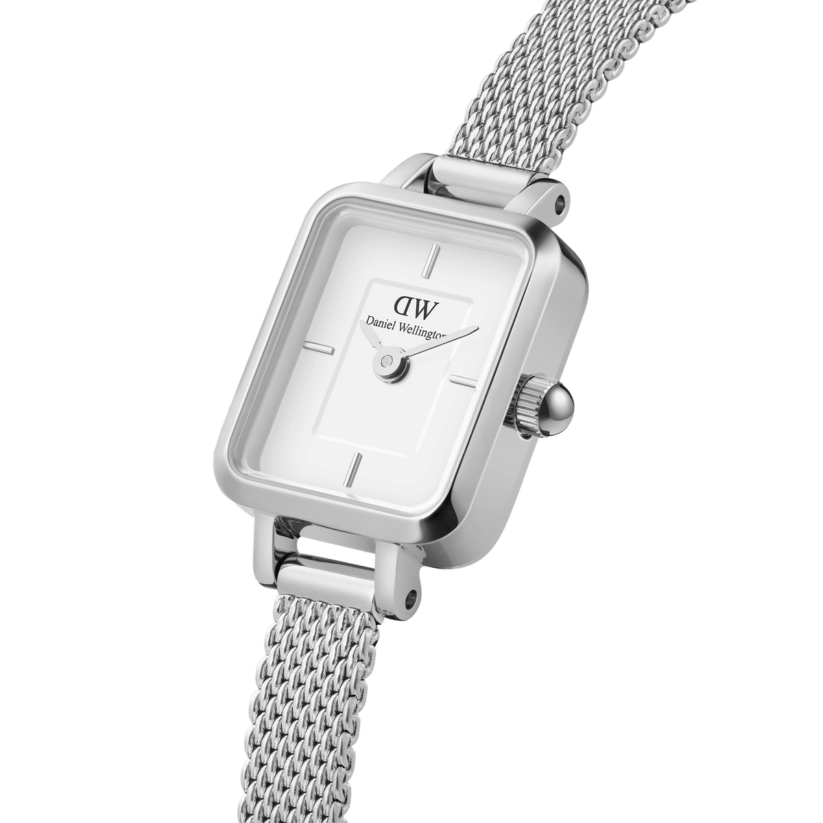 Close-up of the Quadro Mini Sterling silver ladies watch, showcasing its rectangular stainless steel case, minimalist white dial, and polished silver mesh strap.