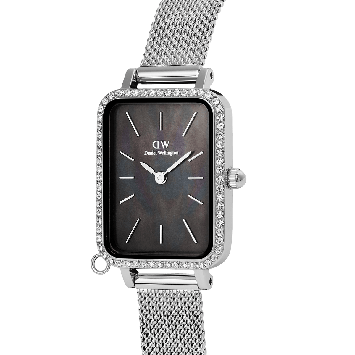 Close-up of the Daniel Wellington Quadro Crystal Zodiac Sterling Set, highlighting the rectangular silver case with crystal bezel, black mother of pearl dial, and sleek silver mesh strap.