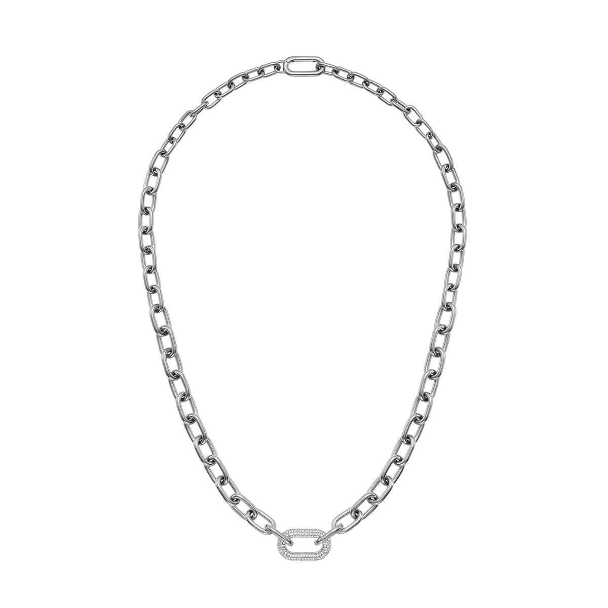 Chunky chain necklace in silver with a crystal-embellished link, featuring an adjustable length and a secure clasp for versatile styling.