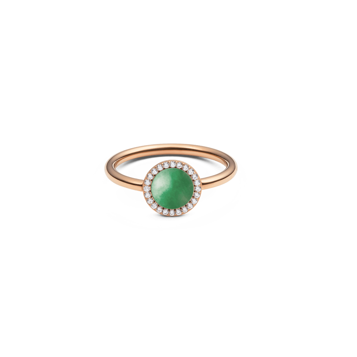 Rose gold ring featuring a domed green jade centrepiece surrounded by a halo of sparkling white cubic zirconia, set on a slim polished band.