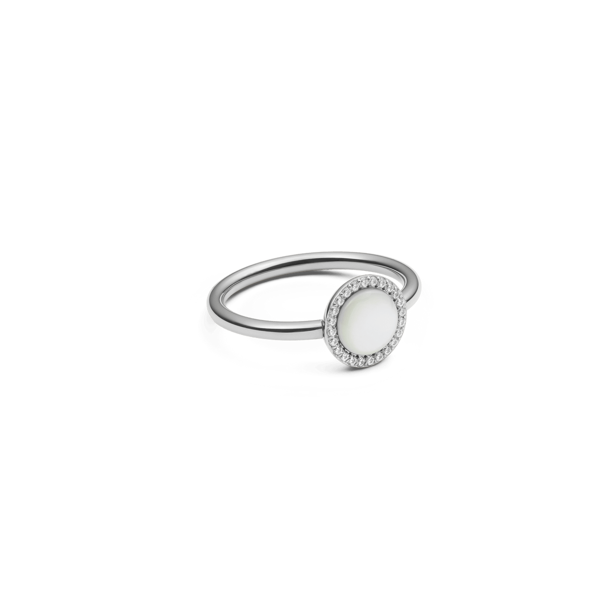 The Audrey Ring Mother of Pearl Silver features a round mother of pearl centrepiece framed by a halo of white cubic zirconia on a slim silver band, highlighting its elegant and minimalist design.