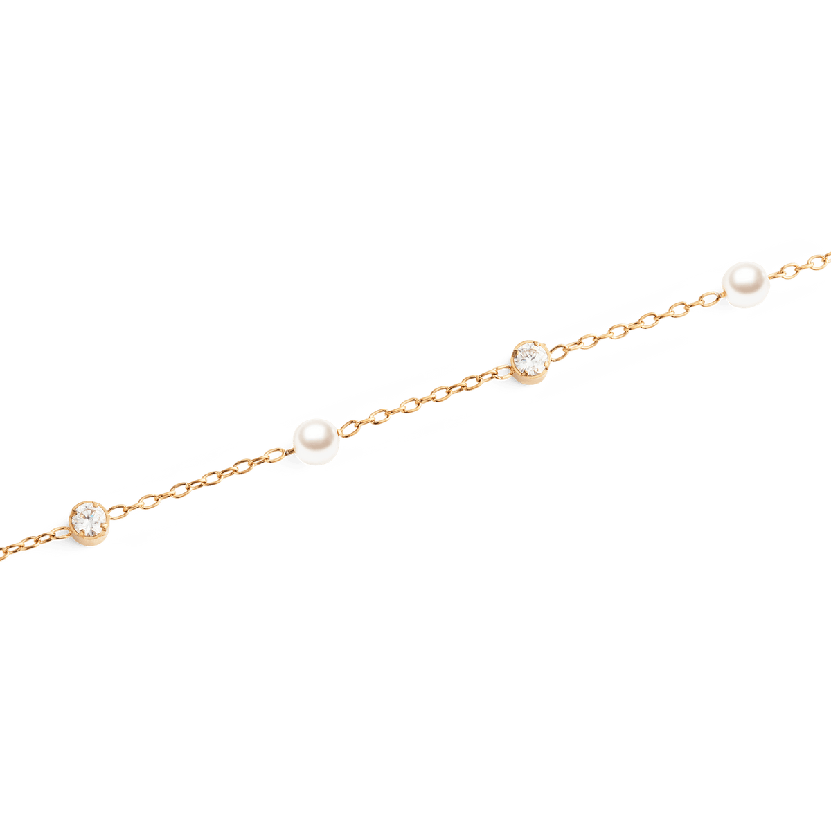 Close-up of the Pearl Bracelet Rose Gold, showing the fine rose gold chain with alternating Swarovski glass pearls and cubic zirconia stones for a refined, modern finish.