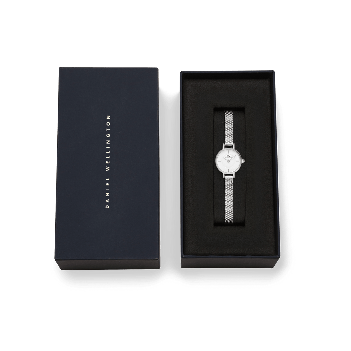 Petite Mini Sterling silver watch with a minimalist white dial and mesh strap, presented in a sleek Daniel Wellington gift box, ideal for gifting on special occasions.