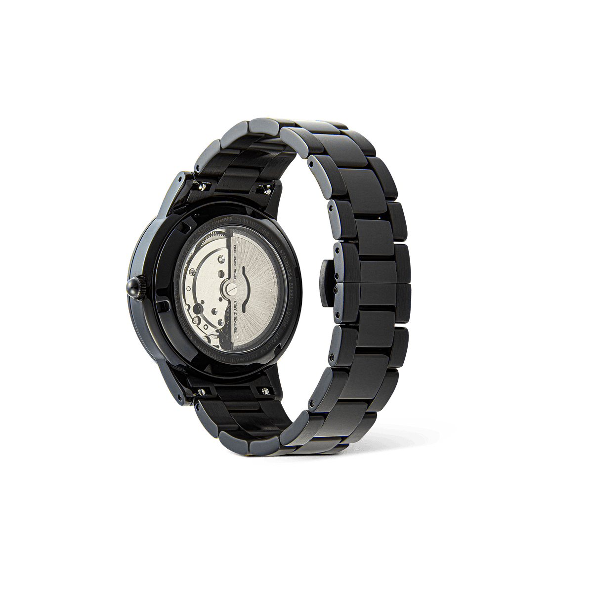Daniel Wellington Iconic Link Automatic Black men’s watch showing the exhibition case back, revealing the automatic movement and solid black stainless steel link bracelet.