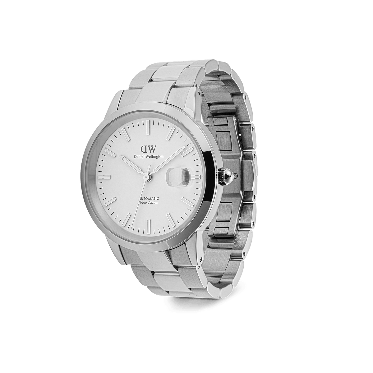 Daniel Wellington Iconic Link Automatic Silver men’s watch with a stainless steel link bracelet, white enamel dial, luminous markers, and a prominent magnified date window, shown at a three-quarter angle.