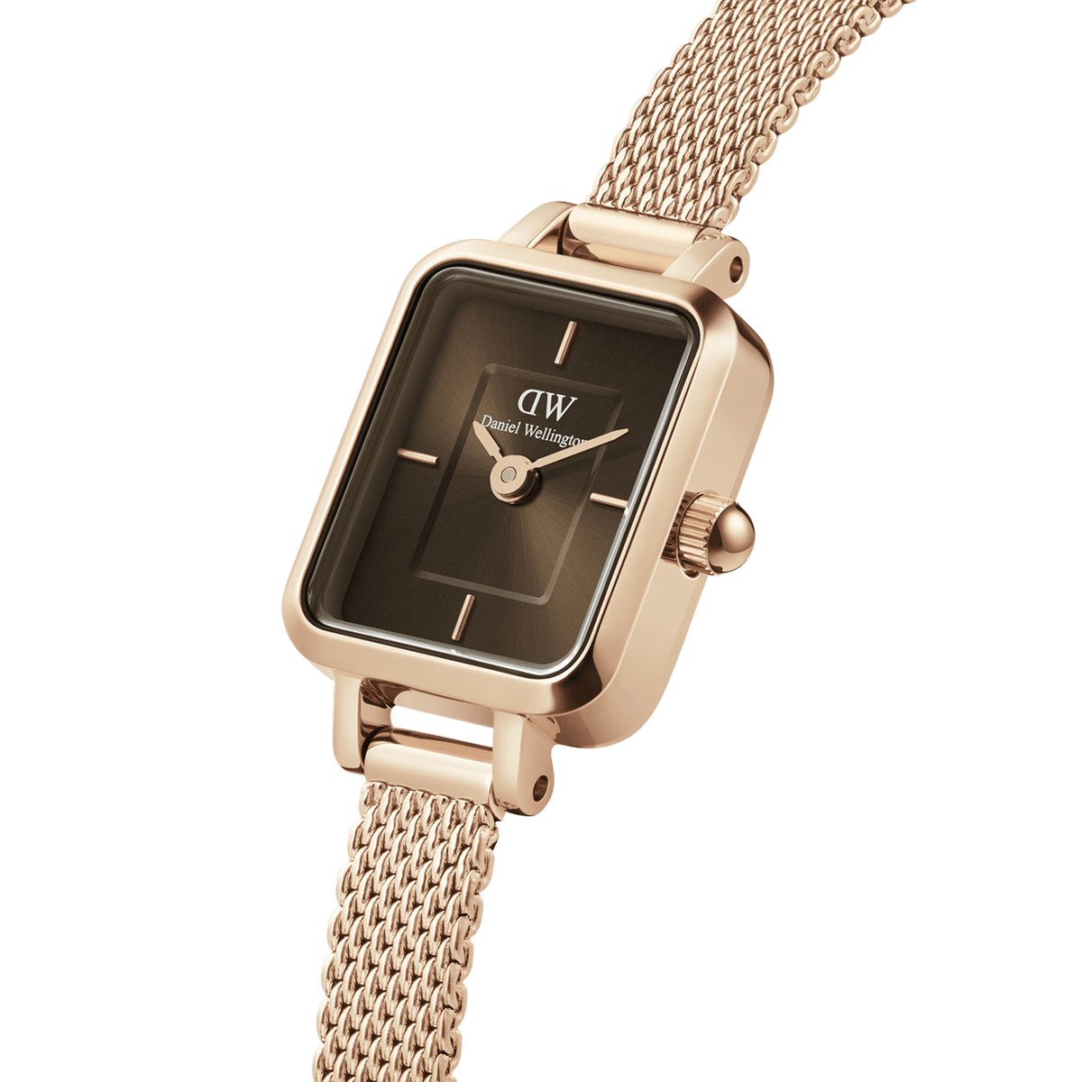 Quadro Mini Melrose Amber showcases a rectangular rose gold case, amber sunray dial, and a finely woven rose gold mesh strap, highlighting its elegant and modern design for women.