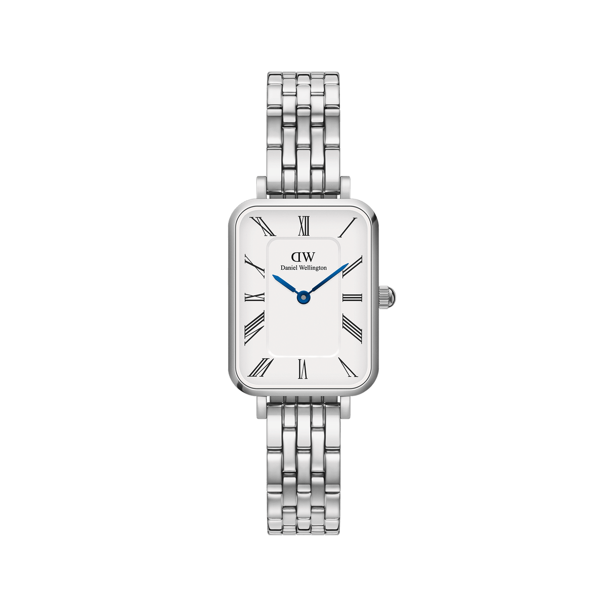 Quadro Roman Numerals 5-Link Silver watch with a rectangular white dial, roman numerals, blue hands, and a polished five-link stainless steel strap, offering a refined and versatile look for everyday wear.