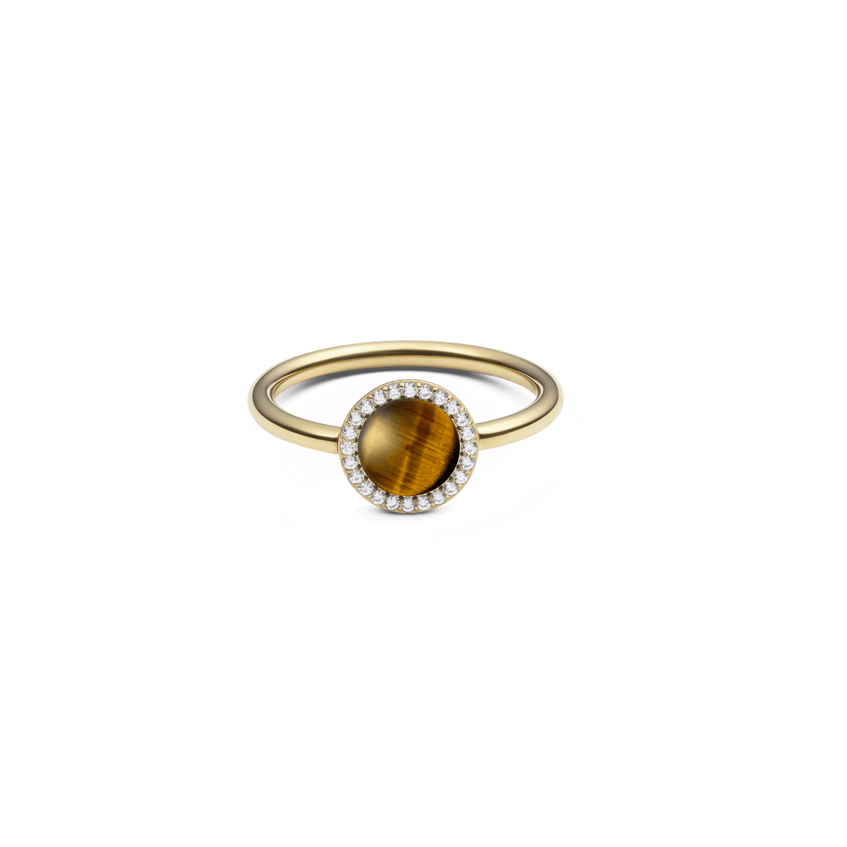 Gold ring with a slim band featuring a round tiger eye gemstone at the centre, surrounded by a halo of white cubic zirconia crystals for a refined, elegant look.