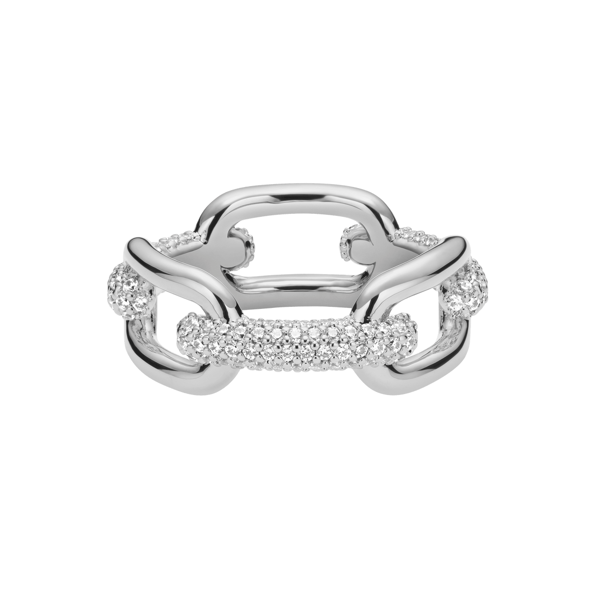 Chunky silver ring featuring bold chain links and pavé-set cubic zirconia crystals, with a polished finish and distinctive link design.