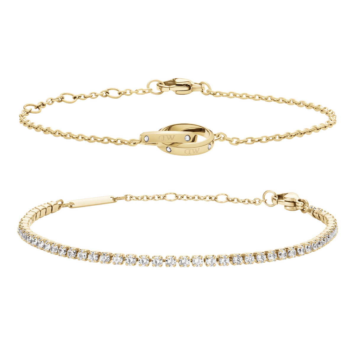 Gold Tennis Bracelet with clear crystals and Lumine Unity Bracelet featuring a delicate gold chain and unity ring detail, both designed for layering or wearing solo for a refined, elegant look.