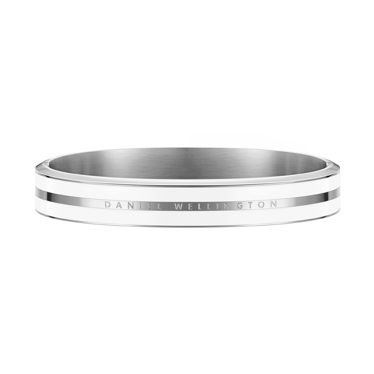 Emalie Infinite Silver Satin White bracelet featuring a sleek polished silver band with satin white enamel accents and Daniel Wellington branding, designed for a minimalist and versatile style.