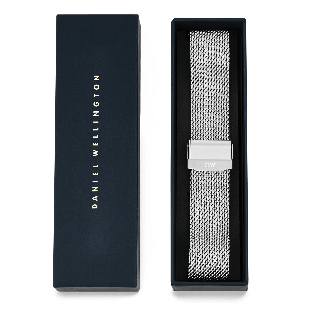 Mesh Sterling Strap Silver presented in a sleek branded box, showcasing its polished stainless steel mesh design and fold-over clasp, ideal for gifting or upgrading your watch.