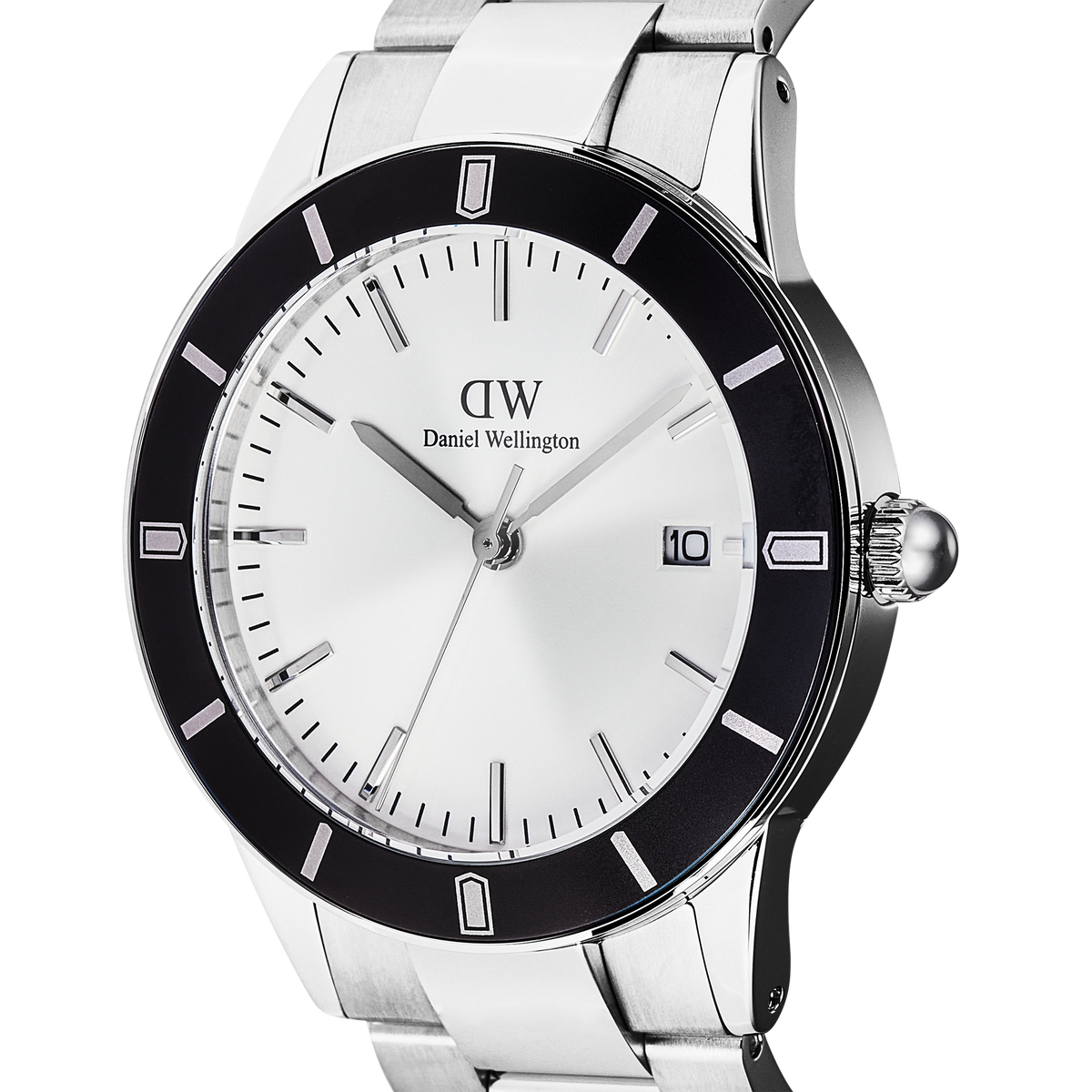 Close-up of the Daniel Wellington Iconic Paradigma Link Black Bezel watch, highlighting its silver dial, bold black bezel with printed index markings, and stainless steel bracelet with polished and brushed links.