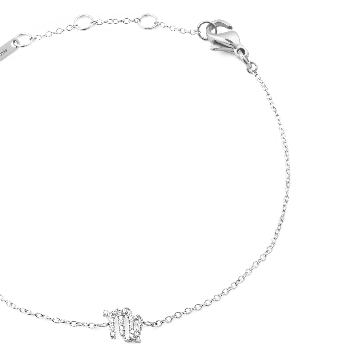 Silver chain bracelet featuring a delicate Virgo zodiac charm adorned with hand-placed crystals, adjustable sizing rings, and a secure lobster clasp.