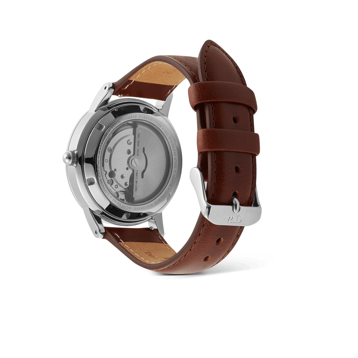 Rear view of the Iconic St Mawes Automatic Silver showing the exhibition case back with visible Japanese automatic movement and a brown Italian leather strap with chrome-free finish.