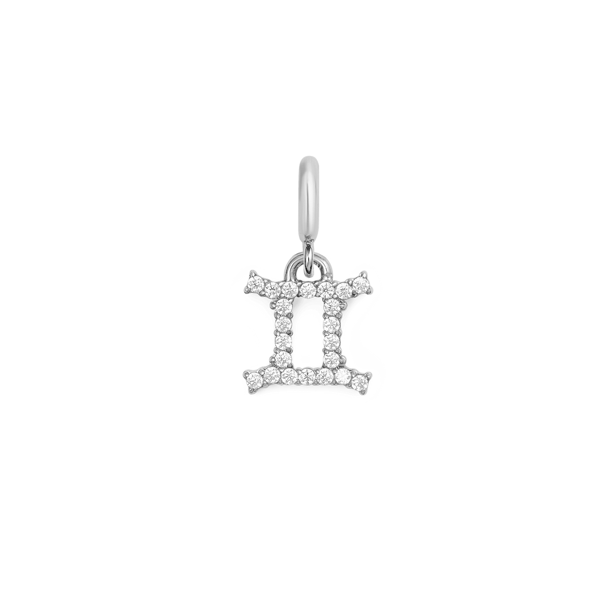 Gemini zodiac watch charm in silver, featuring a minimalist astrological symbol embellished with cubic zirconia crystals, perfect for personalising Daniel Wellington watches or bracelets.