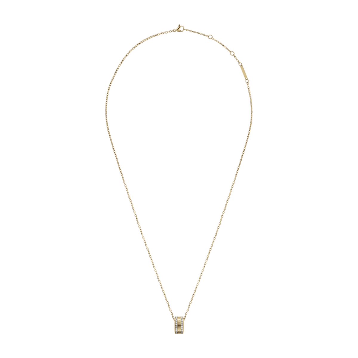 Elan Lumine Necklace Gold with an adjustable cable chain and a polished ring pendant set with two rows of sparkling crystals, designed for versatile layering and everyday elegance.