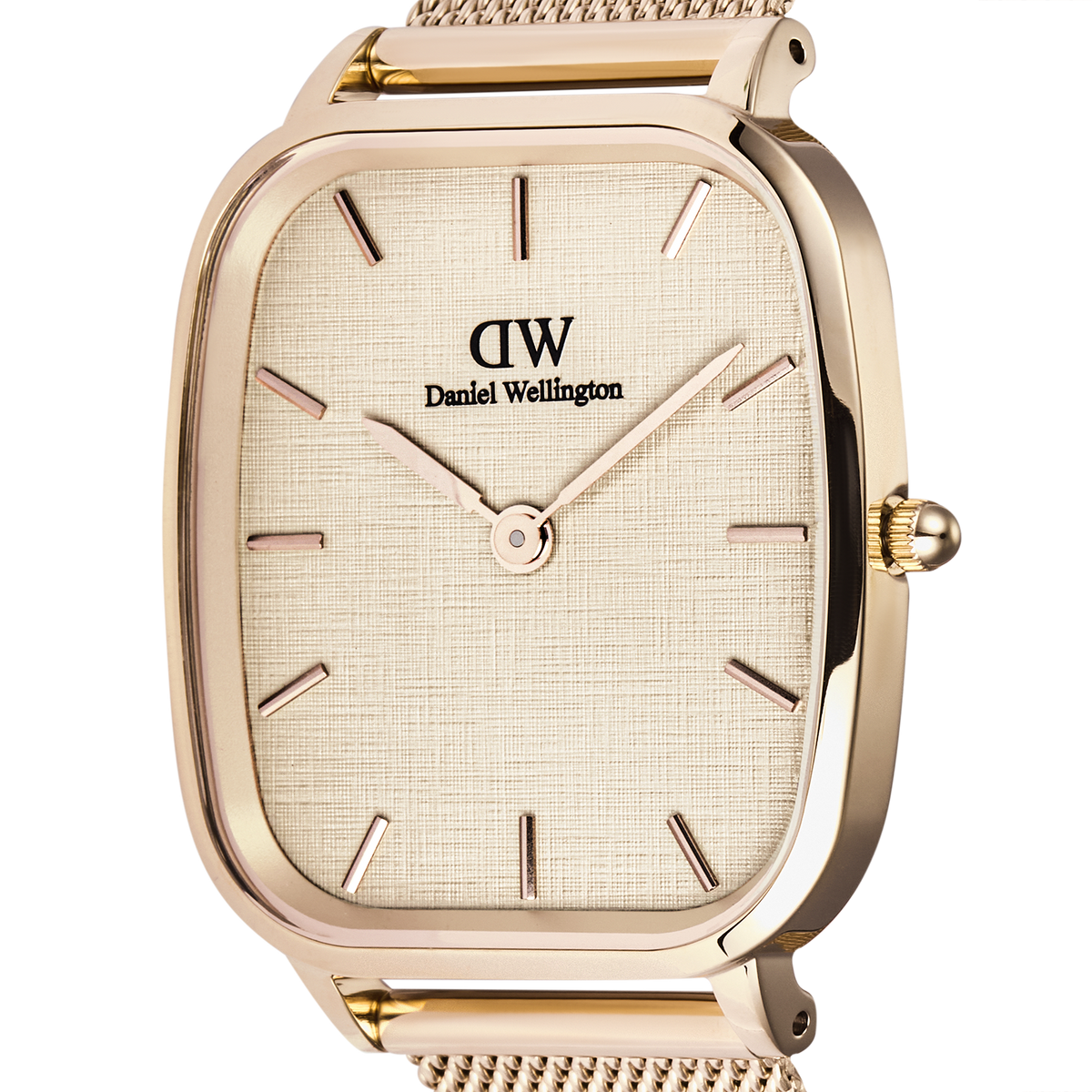 Close-up of the Marlon Melrose Linen men’s watch showing the linen-textured dial, slim rose gold hands, minimalist hour markers, and the polished cushion-shaped rose gold case.
