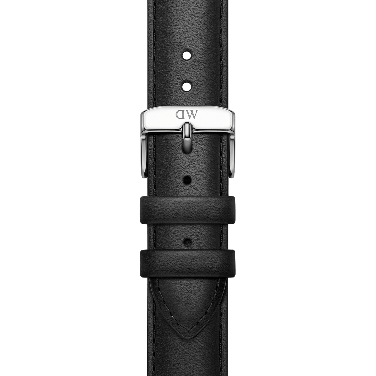 Smartwatch Strap Leather Silver in black genuine leather, featuring neat stitching, adjustable holes, and a polished silver buckle for a classic and comfortable fit.