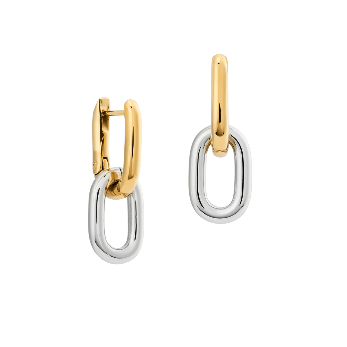 Two-tone gold and silver link earrings with a modern, chunky design, featuring polished gold hoops and removable silver links for versatile styling.