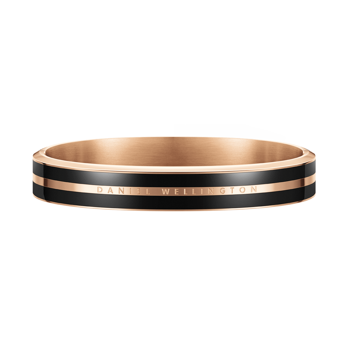 Emalie Infinite Rose Gold Black bracelet with a sleek rose gold band, bold black enamel detailing, and engraved branding, crafted for a modern and versatile look.