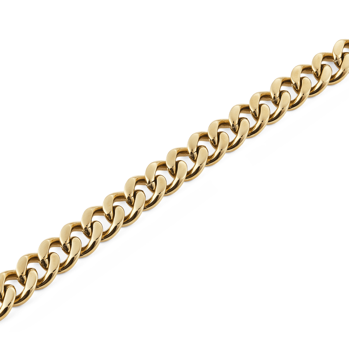 Close-up of the Ellipse Cuban Chain Necklace Gold, highlighting its chunky, polished Cuban links and smooth gold-plated finish.