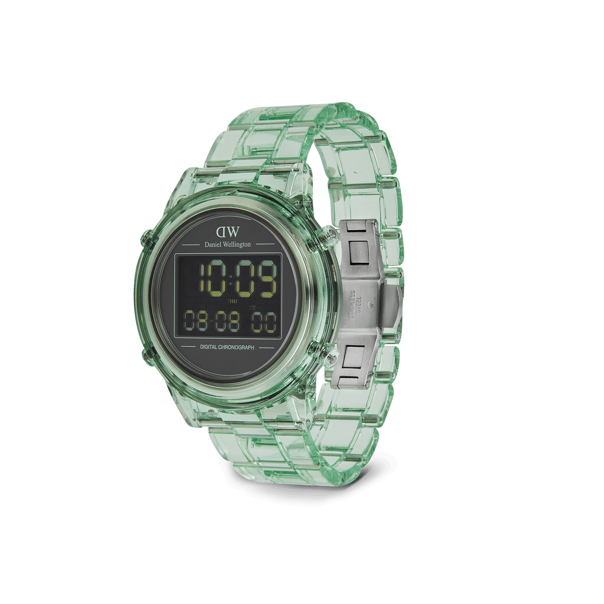 Daniel Wellington Retro Digital Light Green Light Green watch with a transparent light green link bracelet, round black digital dial, and stainless steel safety lock butterfly buckle, combining retro style with modern materials.