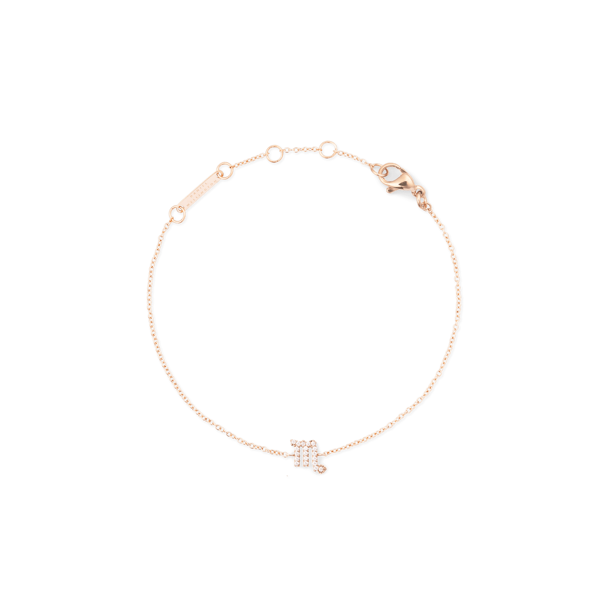 Crystal Zodiac Chain Bracelet Rose Gold with a fine rose gold chain, adjustable sizing rings, and a sparkling crystal Scorpio zodiac pendant.